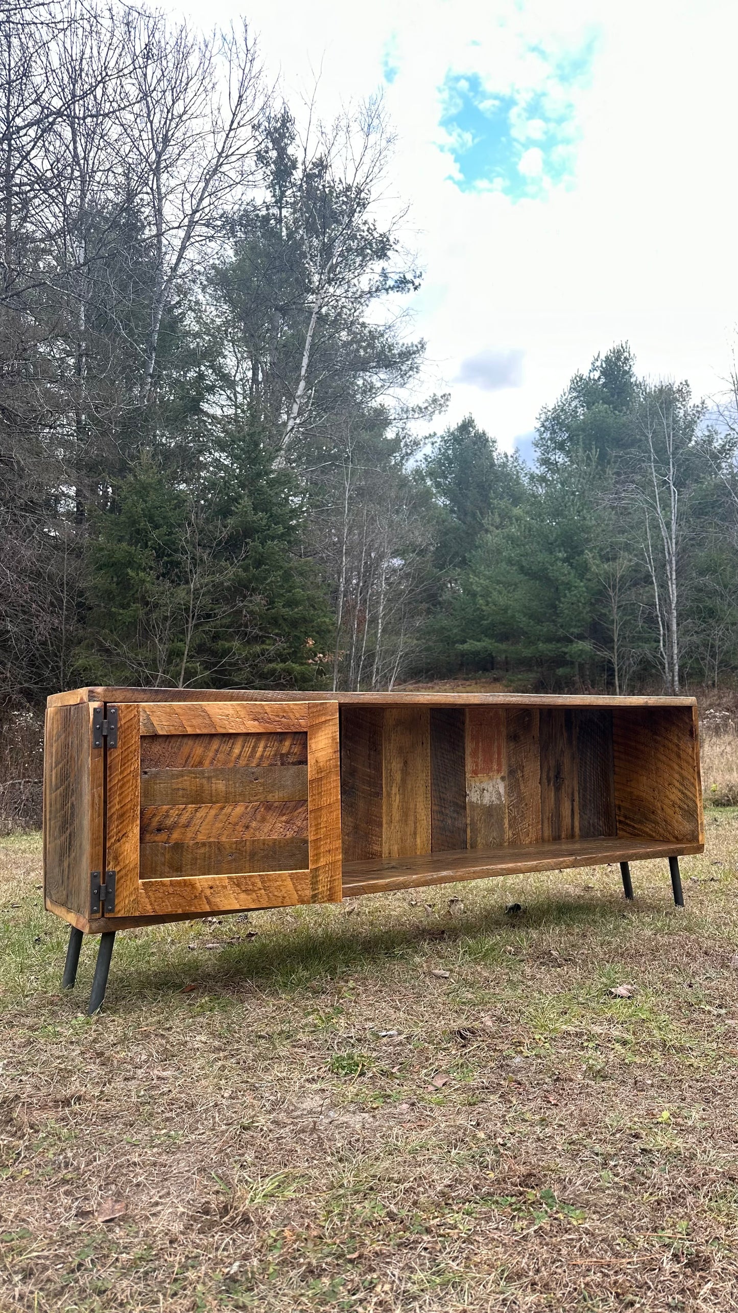 6’ L Rustic Reclaimed Barn Wood Media Cabinet / Stand - Steel Pin Legs