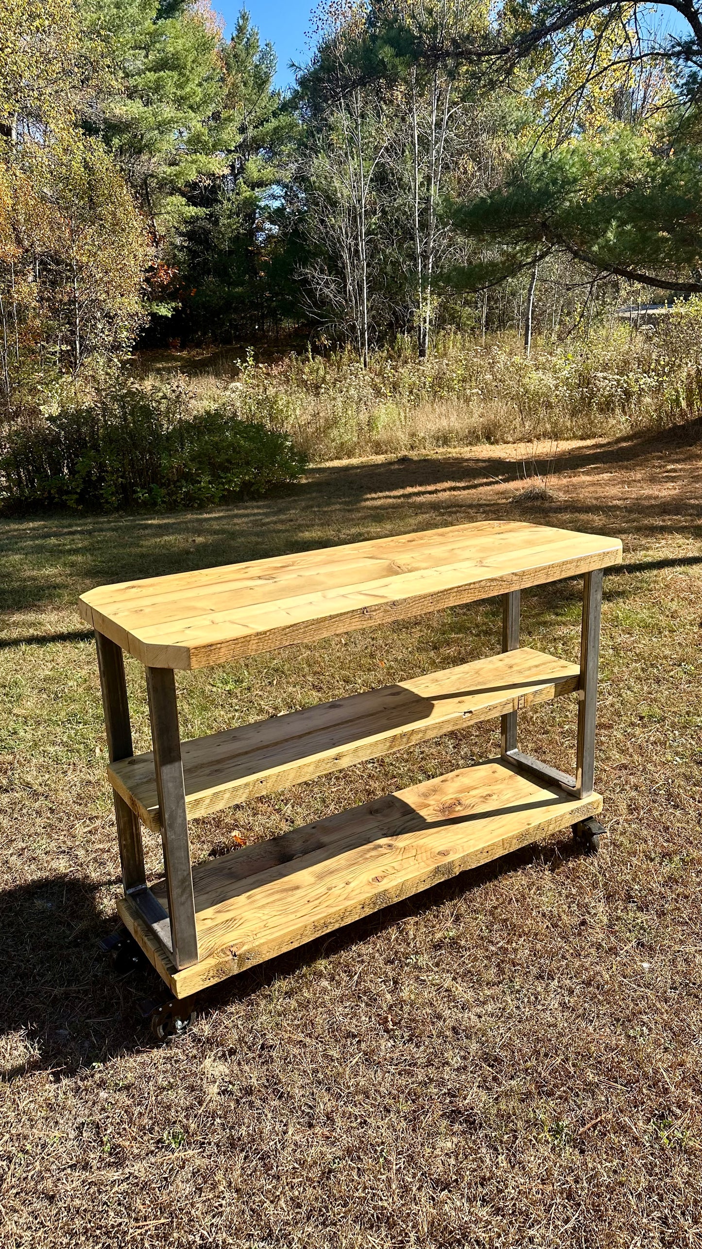 4 1/2’ L Rustic Reclaimed Wood + Steel Kitchen Island