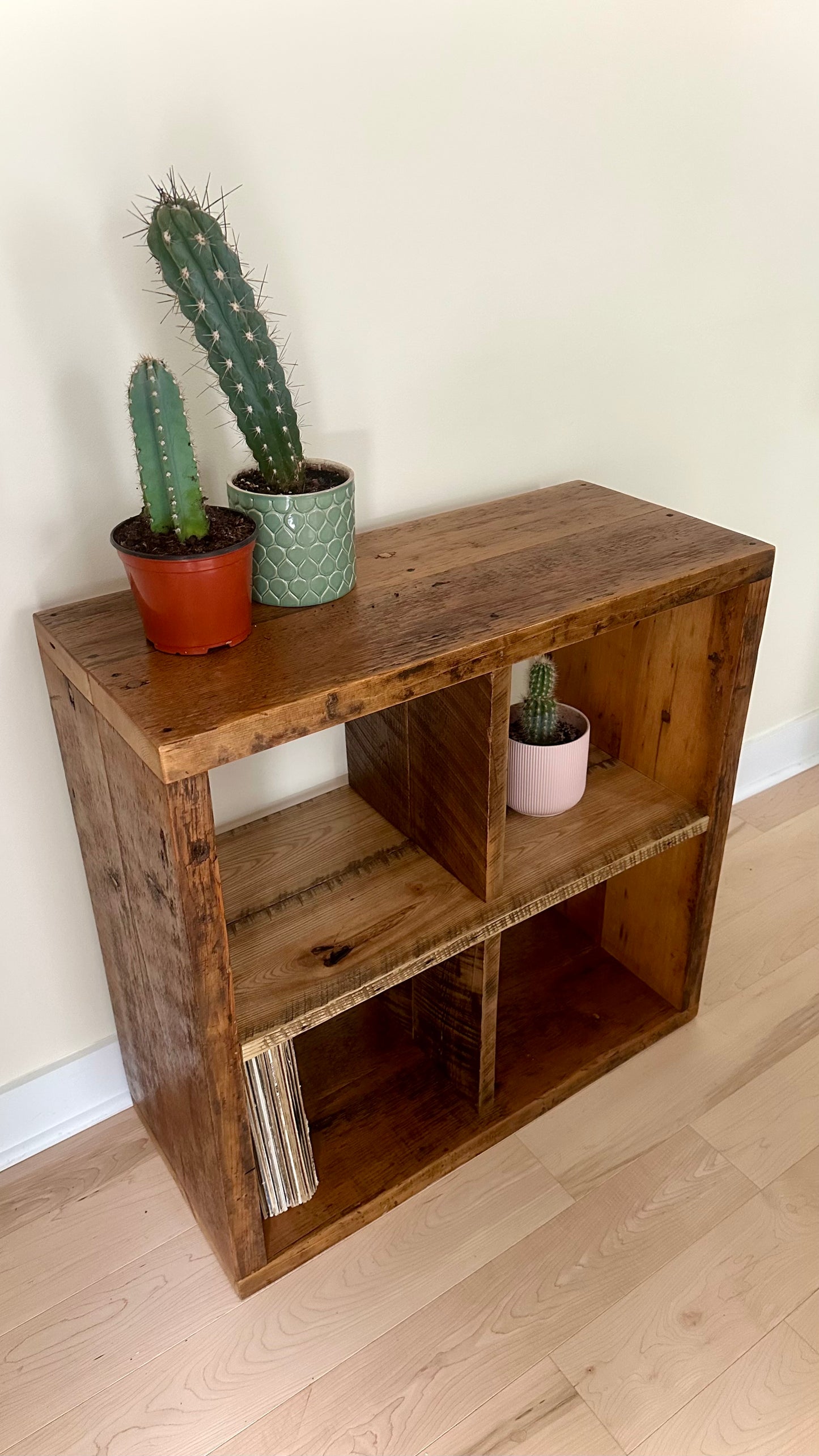 32” Square Rustic Wood Shelf / Vinyl Storage