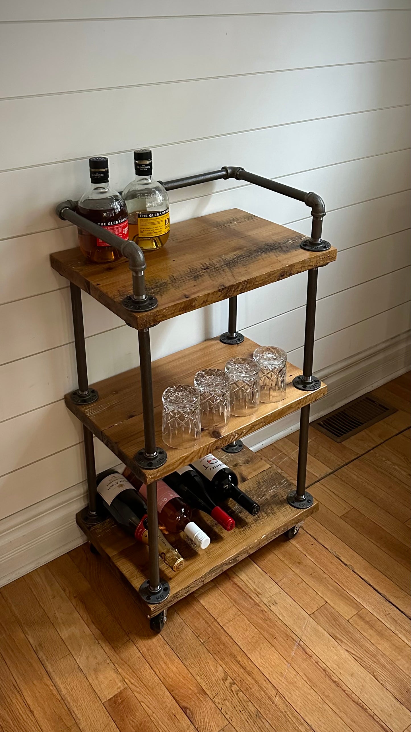 20” L Rustic Wood + Iron Rolling Bar Cart