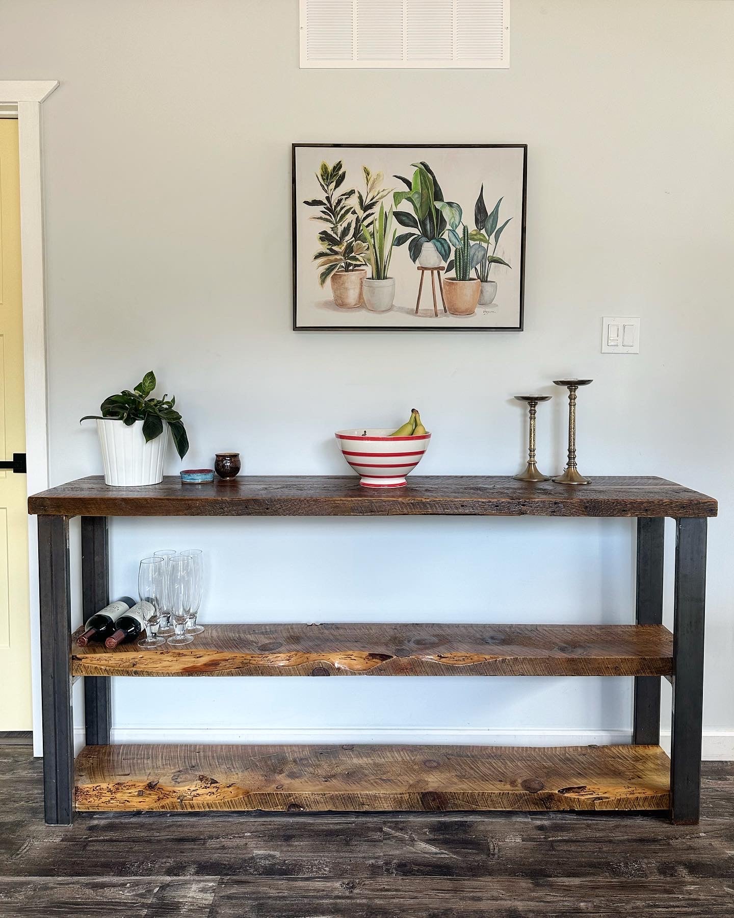 5 1/2’ Rustic Reclaimed Wood + Steel Shelf / Console Table