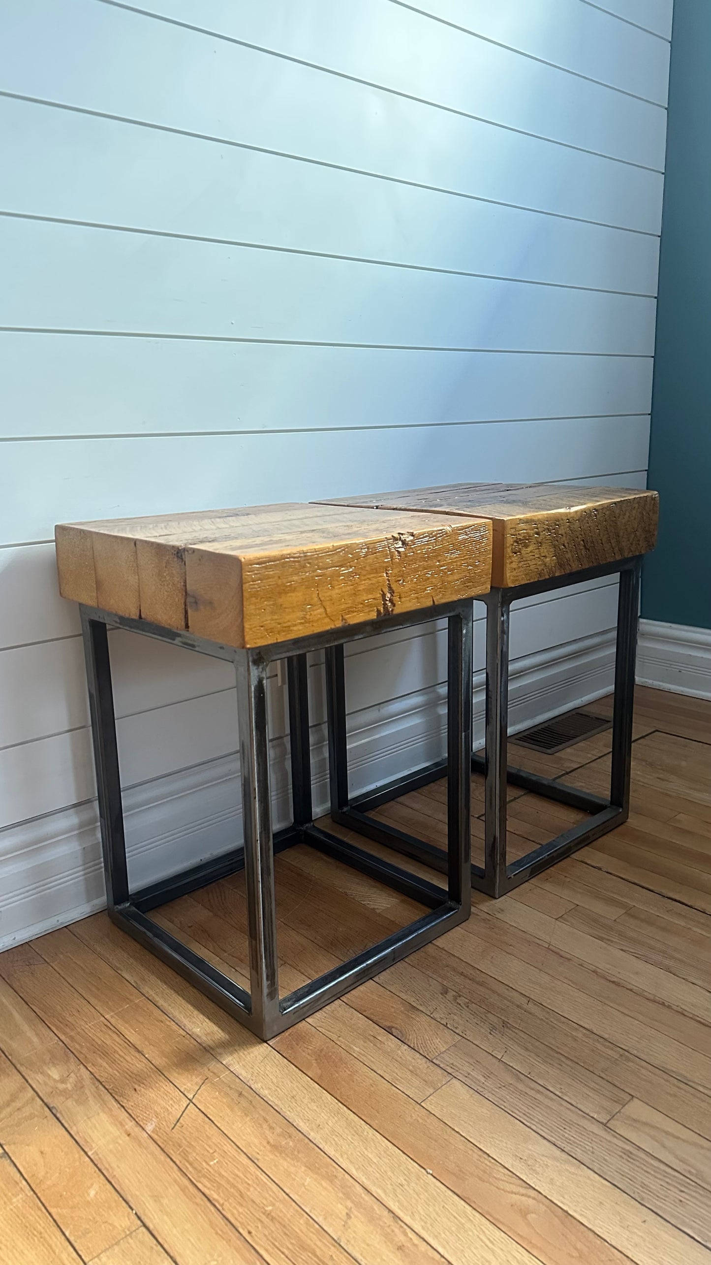 Set of 2 Rustic Reclaimed Barn Wood + Steel Side Tables