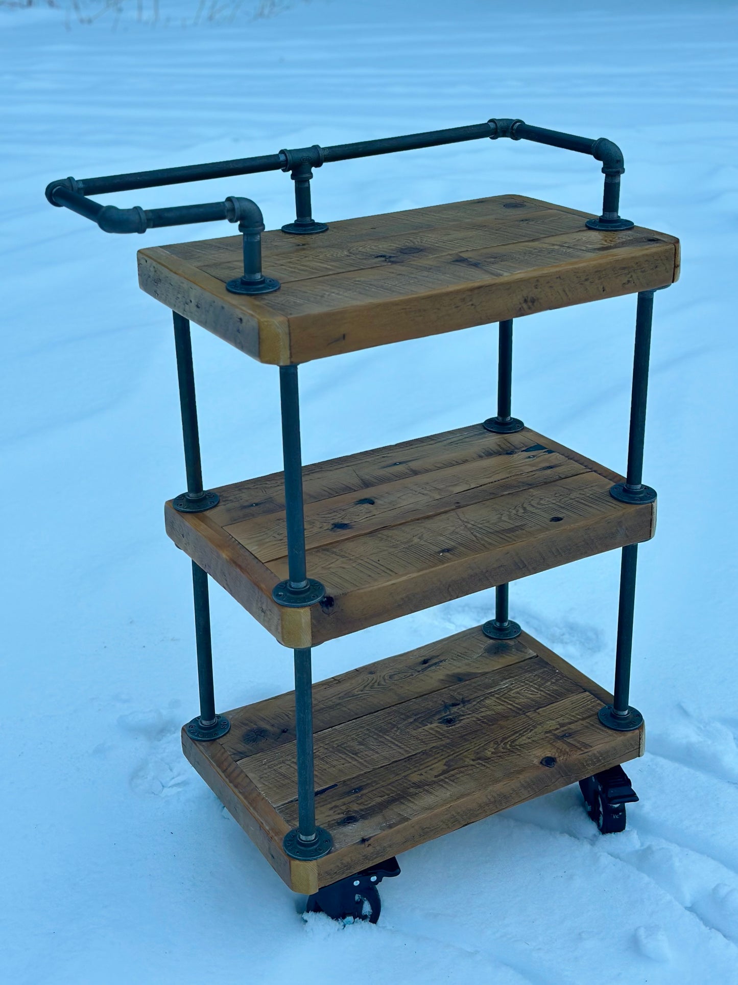 2’ L Rustic Wood + Iron Rolling Bar / Kitchen Cart