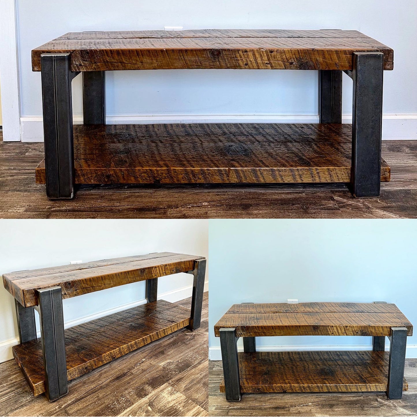 3.5’ Rustic Reclaimed Wood + Steel Entryway Bench / Narrow Coffee Table