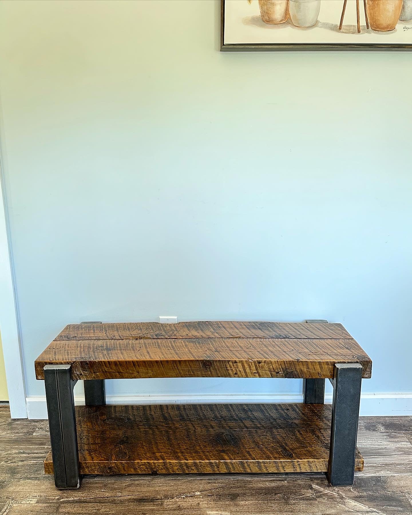 3.5’ Rustic Reclaimed Wood + Steel Entryway Bench / Narrow Coffee Table