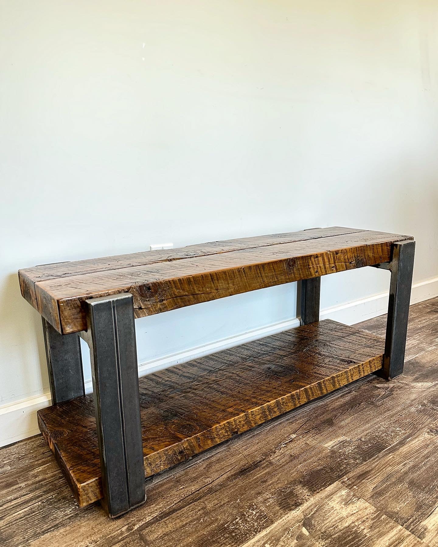 3.5’ Rustic Reclaimed Wood + Steel Entryway Bench / Narrow Coffee Table