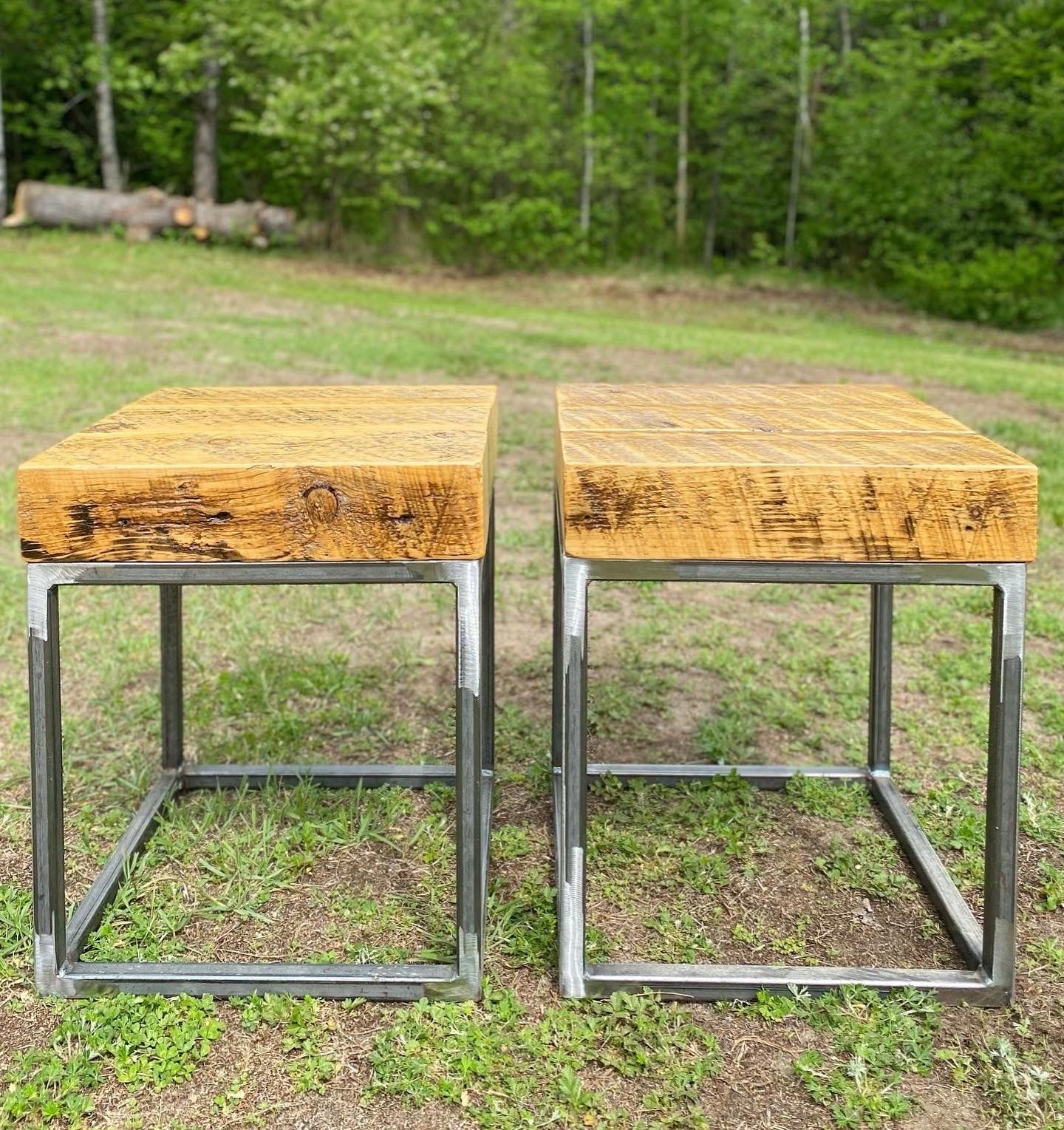 Set of 2 X Rustic Reclaimed Wood + Steel Frame Side / End Tables / Night Stands