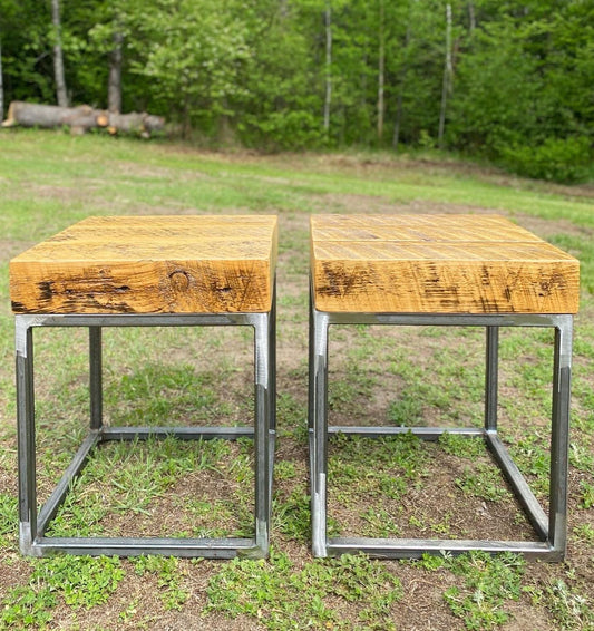 Set of 2 X Rustic Reclaimed Wood + Steel Frame Side / End Tables / Night Stands