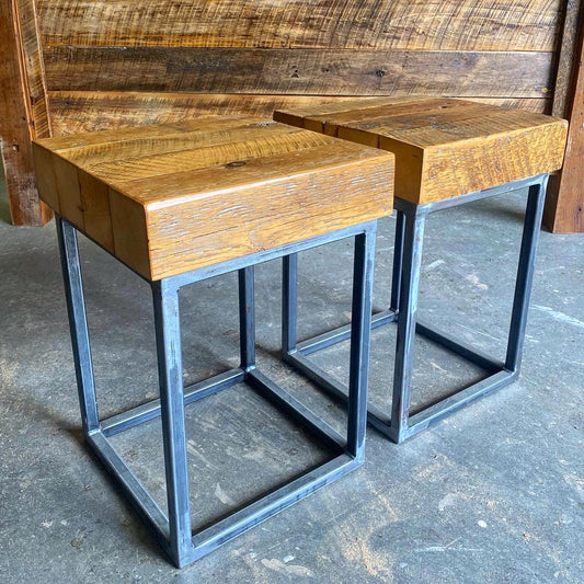 Set of 2 Rustic Reclaimed Barn Wood + Steel Side Tables